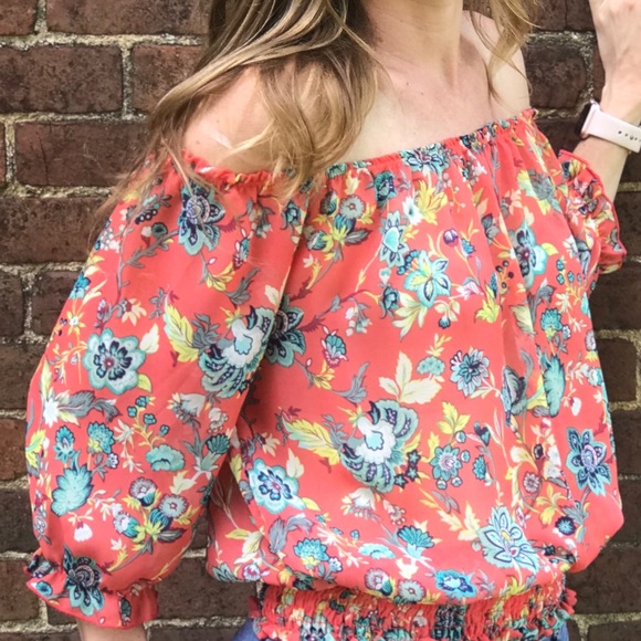 Floral Coral Off Shoulder Top - Picture 2 of 5
